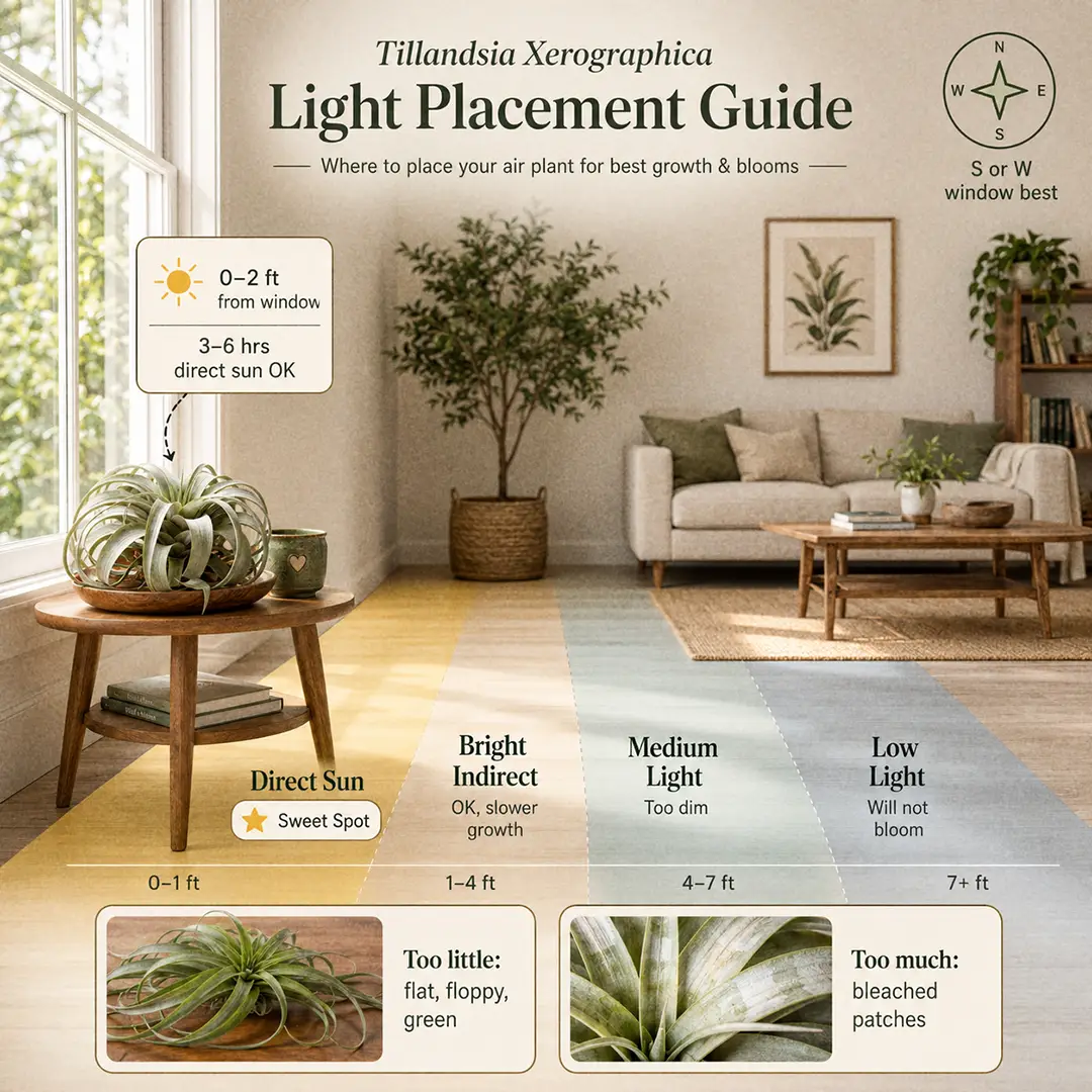 An infographic showing where to place a Xerographica Air Plant indoors, with labelled light zones measured from a south-facing window and the plant marked in its sweet spot close to the glass