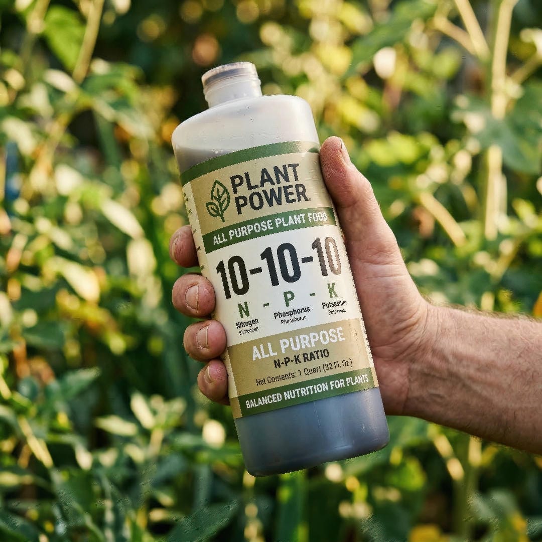 A close-up of a fertilizer bottle label showing the N-P-K numbers 10-10-10 prominently.