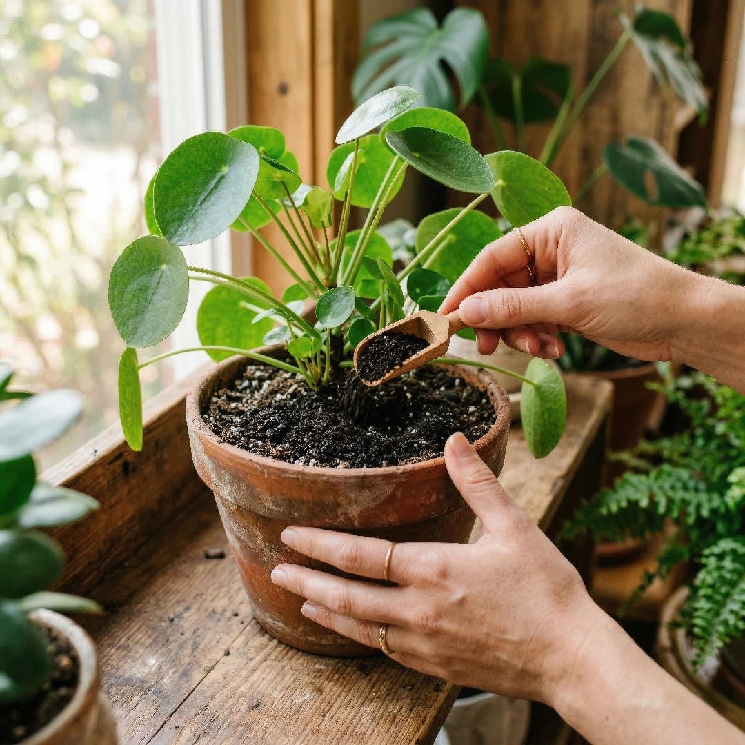 Hands gently sprinkling dark, rich worm castings onto the top of a potted houseplant's soil.