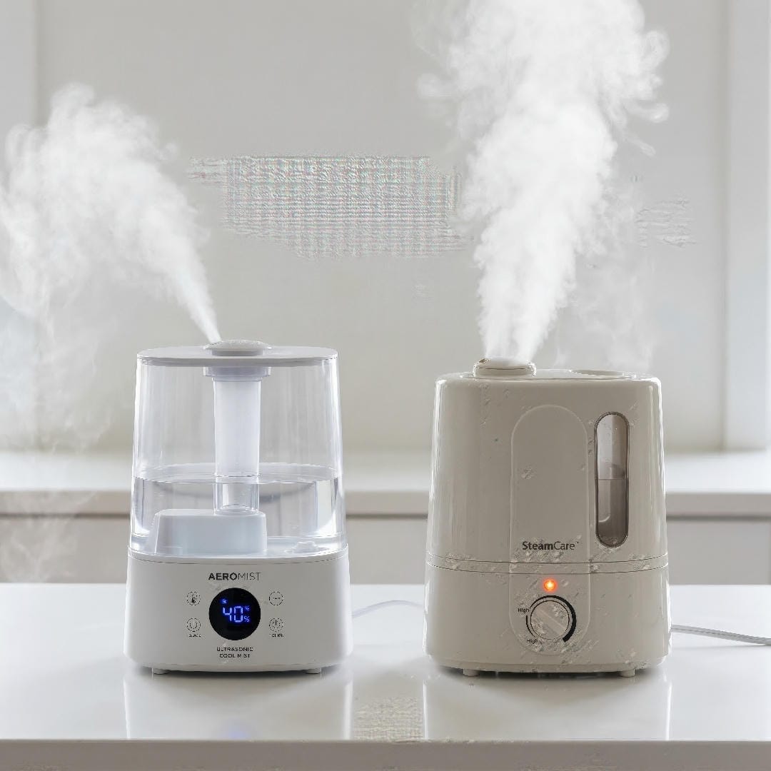 A side-by-side comparison of a cool-mist ultrasonic humidifier and a warm-mist steam vaporizer, both running.