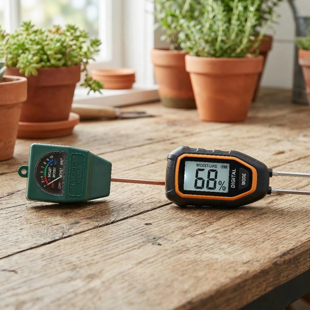 A side-by-side comparison of a simple analog soil moisture meter with a dial and a modern digital meter with an LCD screen.