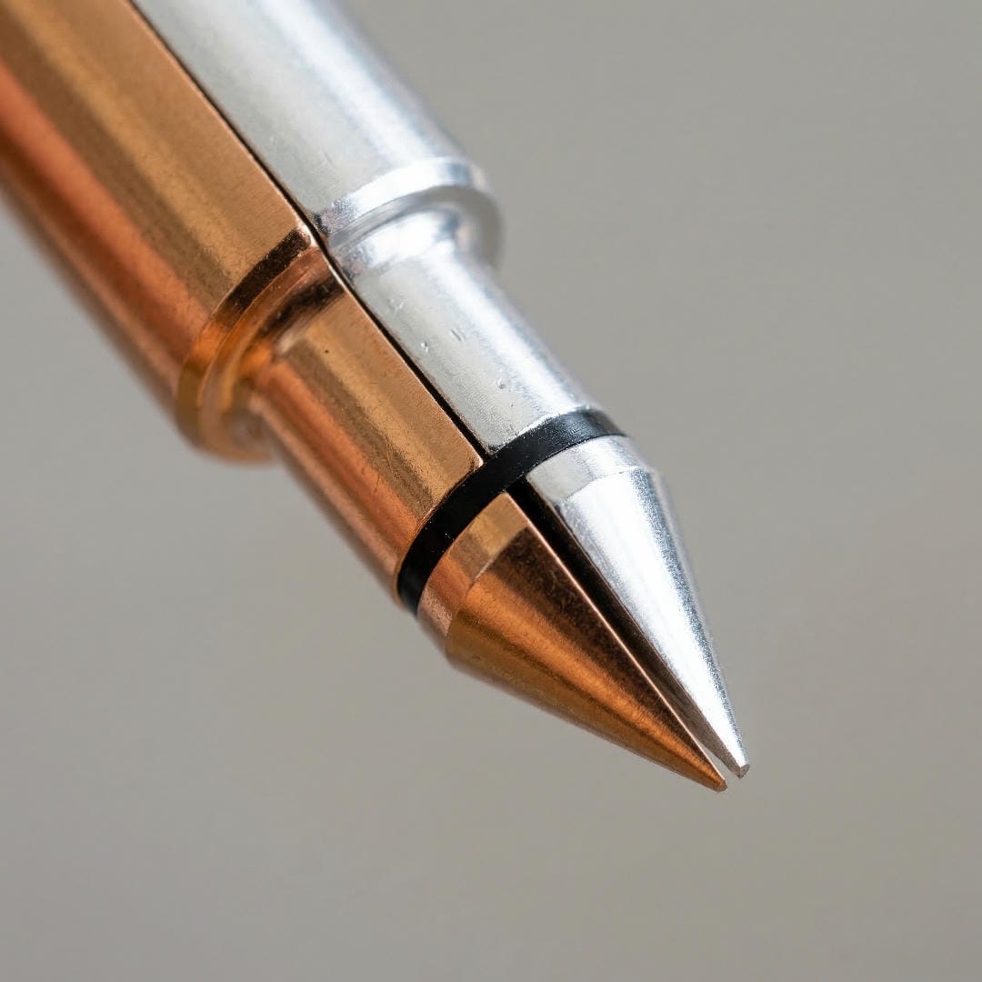 An extreme close-up of a moisture meter probe tip showing the two different metals separated by a small gap.