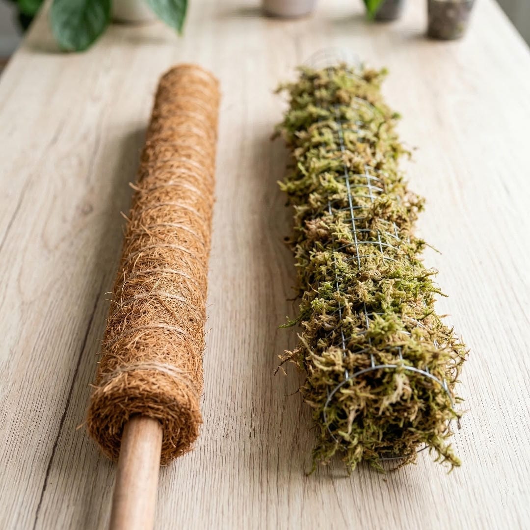 Two moss poles side by side: a dry coco coir totem on the left and a lush, damp sphagnum moss pole on the right.