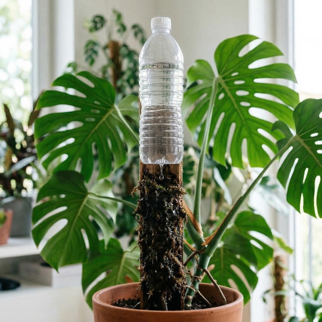 A plastic water bottle with a pinhole in the bottom resting on top of a sphagnum moss pole, slowly dripping water down the pole.